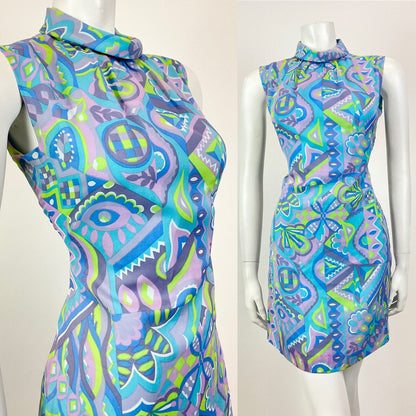 VINTAGE 60s 70s BLUE PURPLE GREEN PSYCHEDELIC GEOMETRIC MOD SHIFT DRESS 8 10