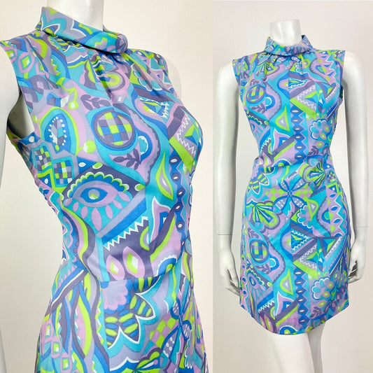 VINTAGE 60s 70s BLUE PURPLE GREEN PSYCHEDELIC GEOMETRIC MOD SHIFT DRESS 8 10