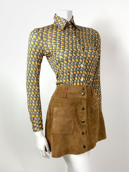 VINTAGE 70s STYLE 90s GREY SILVER YELLOW FLORAL STRIPED DAGGER SHIRT BLOUSE 8
