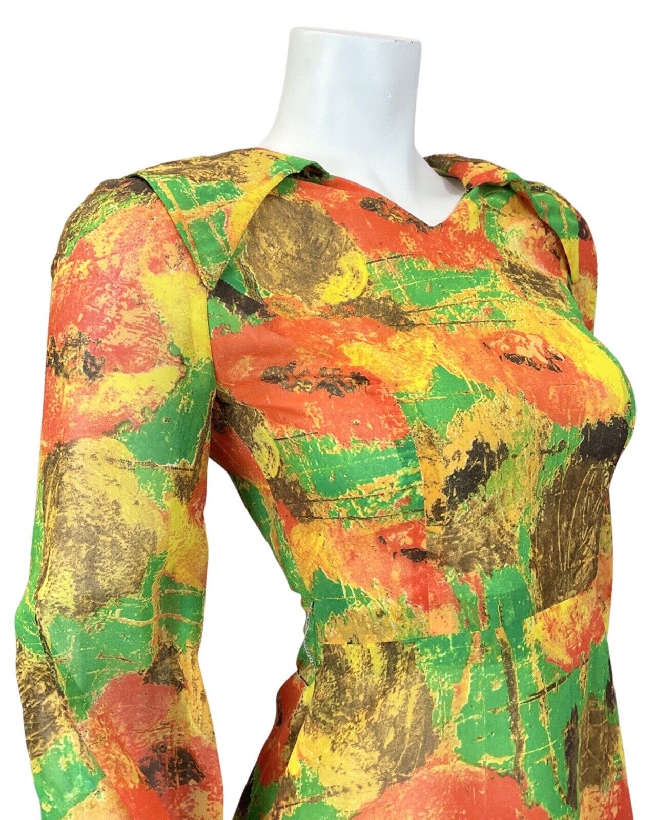 VINTAGE 60s 70s YELLOW RED GREEN FLORAL POPPY SHEER WING COLLAR SHIRT DRESS 4