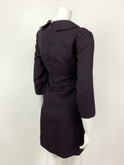 VINTAGE 60s 70s PLUM PURPLE BLACK STRIPED MOD DRESS 10 12