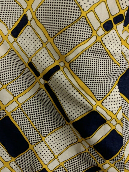 VINTAGE 60s 70s WHITE NAVY BLUE YELLOW GEOMETRIC POLKA-DOT MOD DRESS 10 12