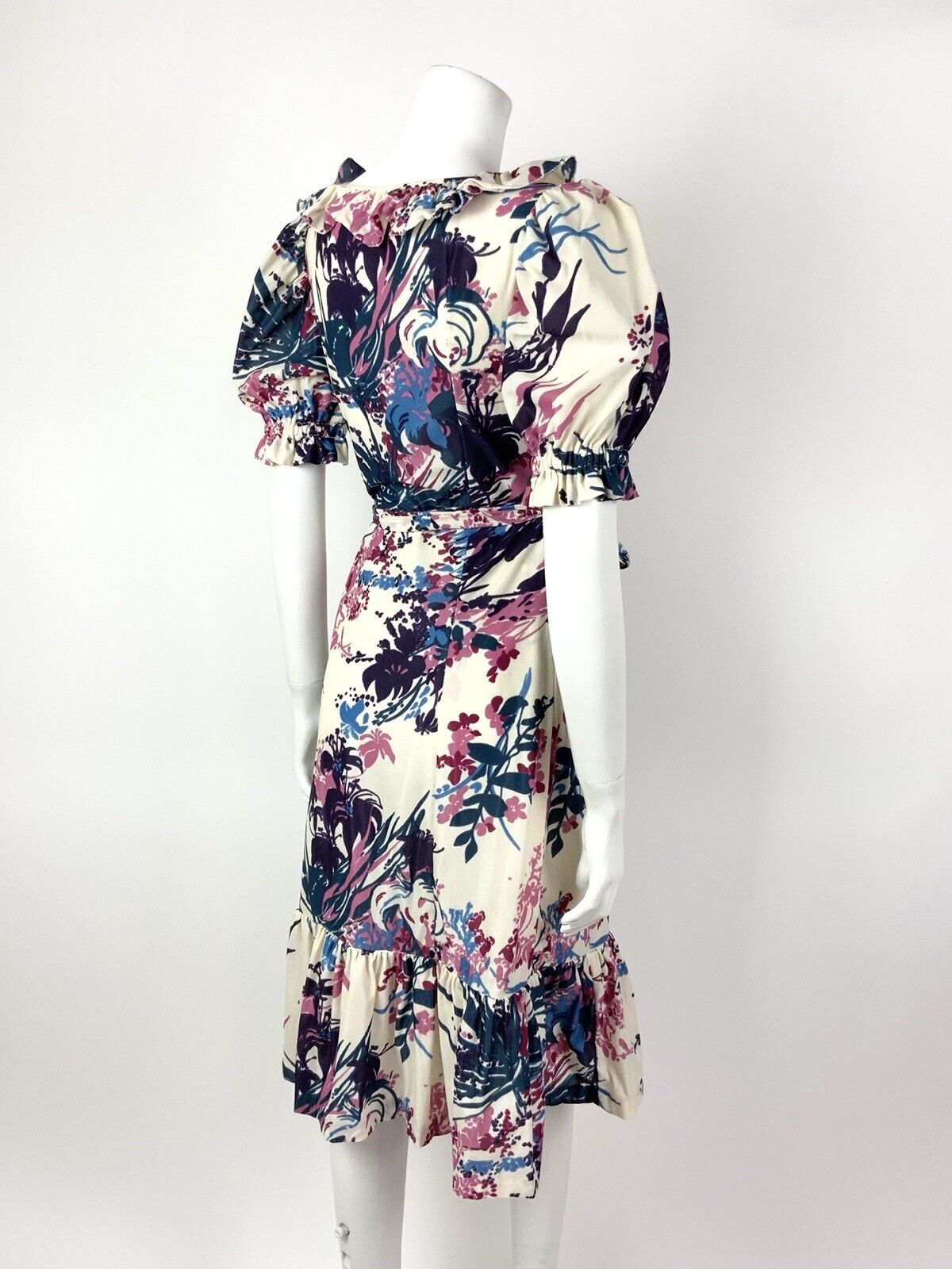 VINTAGE 60s 70s CREAM PURPLE BLUE FLORAL LEAFY RUFFLED BELTED DRESS 8 10