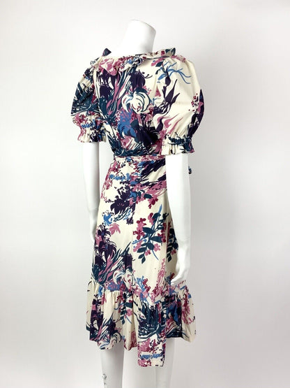VINTAGE 60s 70s CREAM PURPLE BLUE FLORAL LEAFY RUFFLED BELTED DRESS 8 10
