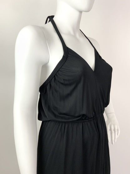VINTAGE 60s 70s JET BLACK GRECIAN STRAPPY HALTER MAXI SUN DRESS 16 18
