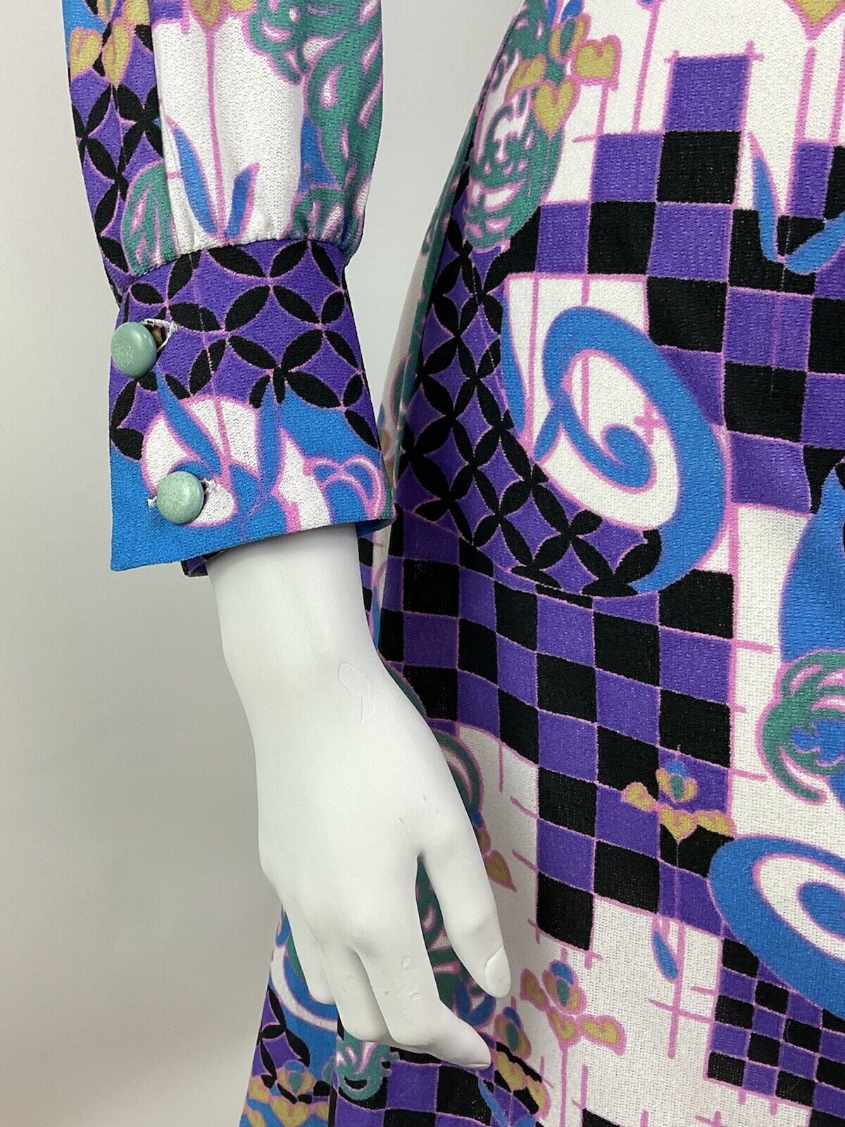 VTG 60s 70s PURPLE GREEN BLACK PSYCHEDELIC CHECKERBOARD DAGGER SHIRT DRESS 12 14