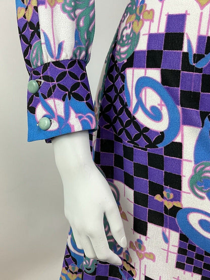 VTG 60s 70s PURPLE GREEN BLACK PSYCHEDELIC CHECKERBOARD DAGGER SHIRT DRESS 12 14