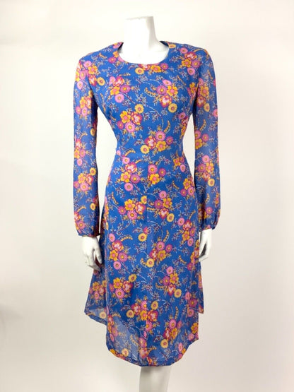 VINTAGE 60s 70s BRIGHT BLUE YELLOW PINK FLORAL DOTTY SHEER DRESS 12
