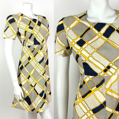 VINTAGE 60s 70s WHITE NAVY BLUE YELLOW GEOMETRIC POLKA-DOT MOD DRESS 10 12