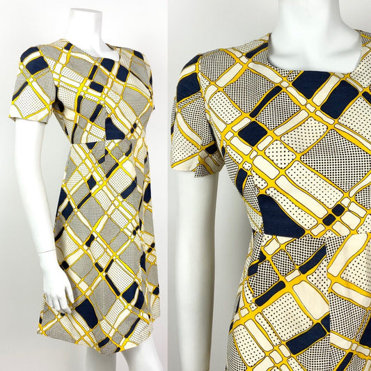 VINTAGE 60s 70s WHITE NAVY BLUE YELLOW GEOMETRIC POLKA-DOT MOD DRESS 10 12
