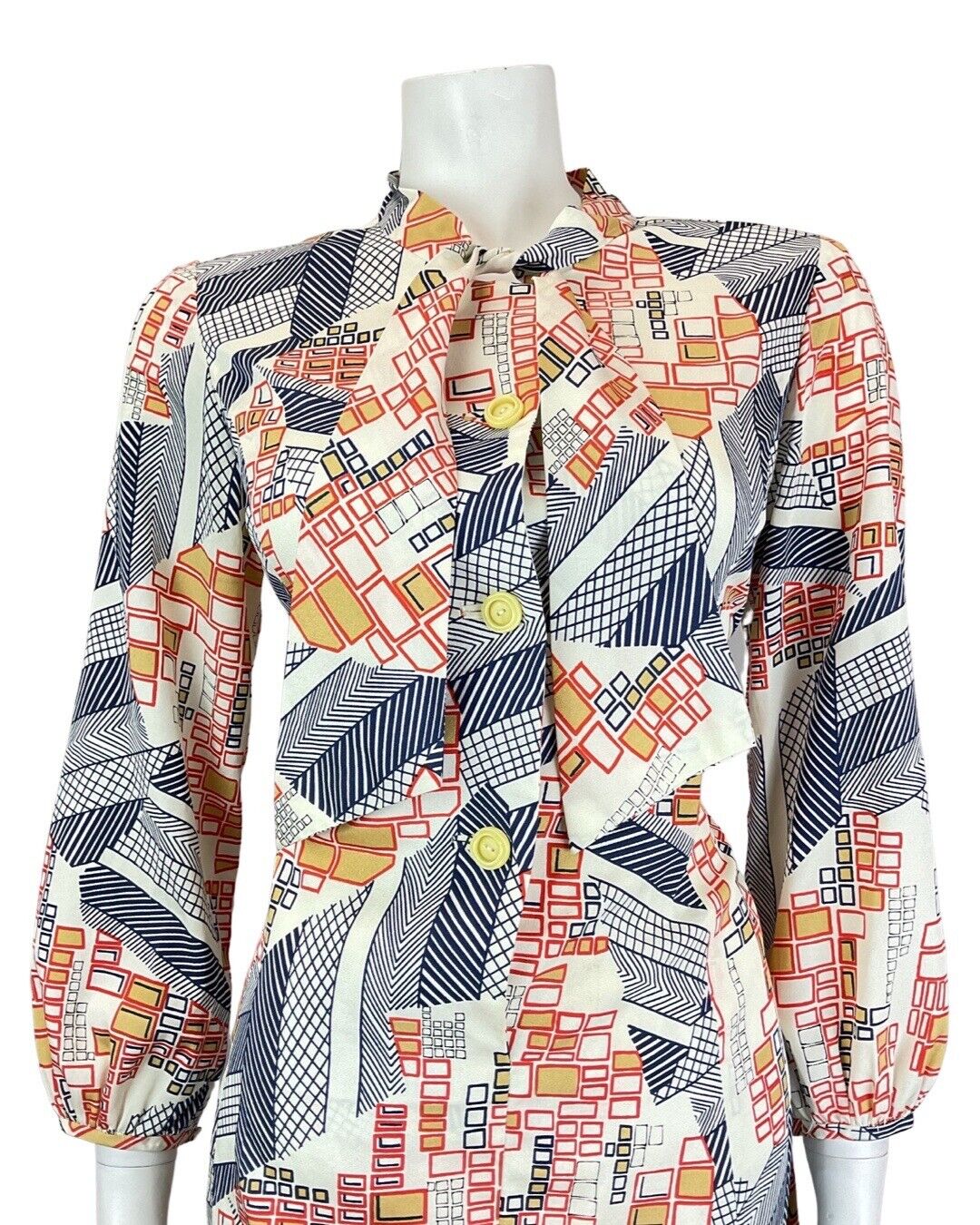 VINTAGE 60s 70s WHITE BLUE RED GEOMETRIC SQUARE PUSSYBOW SHIRT DRESS 12 14