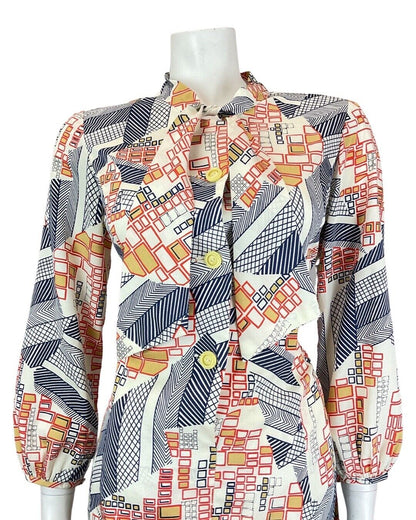 VINTAGE 60s 70s WHITE BLUE RED GEOMETRIC SQUARE PUSSYBOW SHIRT DRESS 12 14