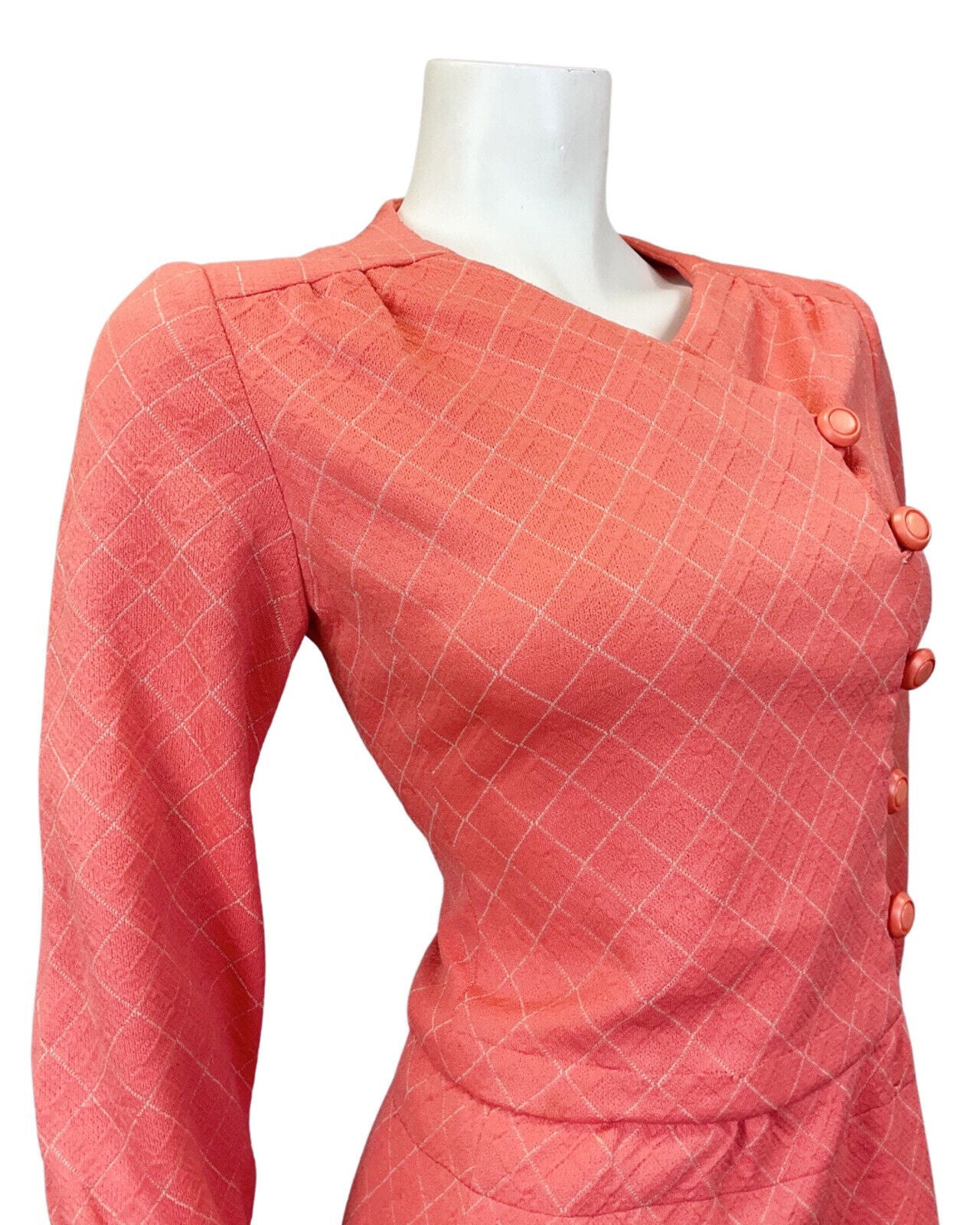 VINTAGE 60s 70s SALMON PINK WHITE GRID CHECKED MOD SCOOTER SHIFT DRESS 8