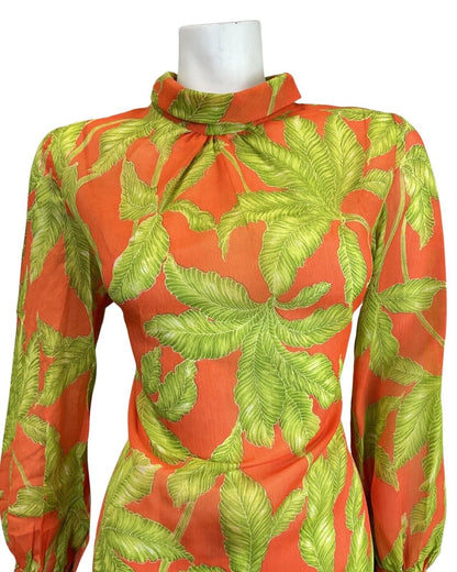 VINTAGE 60s 70s ORANGE GREEN PALM LEAF SHEER TURTLENECK MOD SHIFT DRESS 8 10
