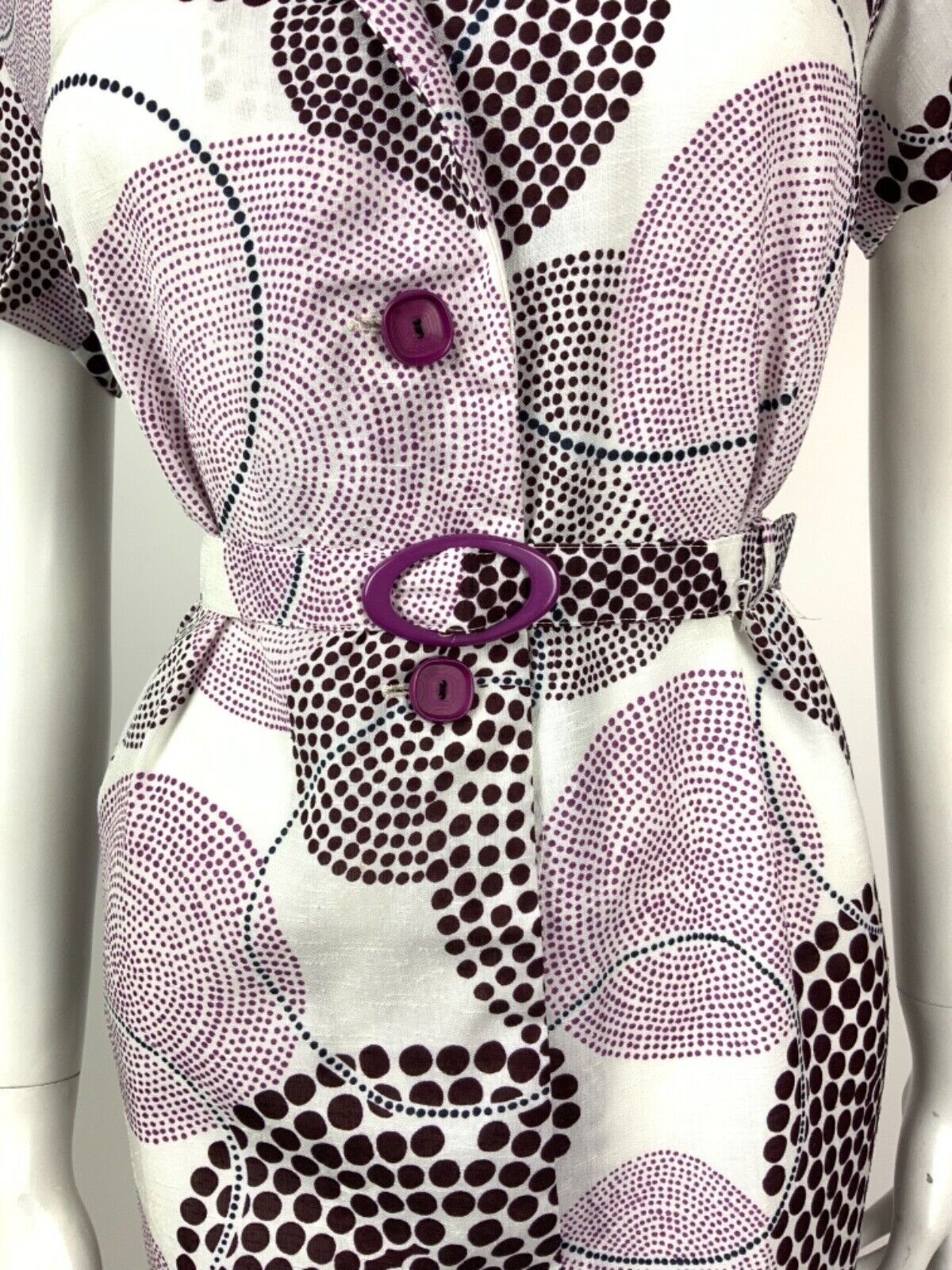 VINTAGE 60s 70s WHITE PURPLE BROWN DOTTY GEOMETRIC CIRCLE BELTED SHIRT DRESS 12