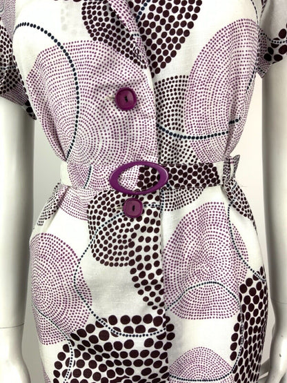 VINTAGE 60s 70s WHITE PURPLE BROWN DOTTY GEOMETRIC CIRCLE BELTED SHIRT DRESS 12