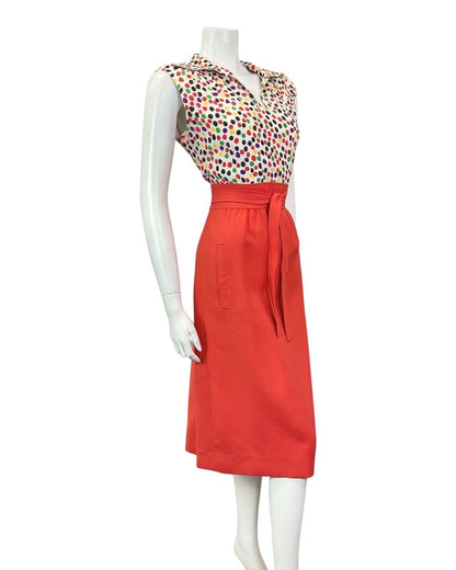 VINTAGE 60s 70s RED WHITE BLACK SPOTTED DOTTY WING COLLAR SHIRT DRESS 14 16