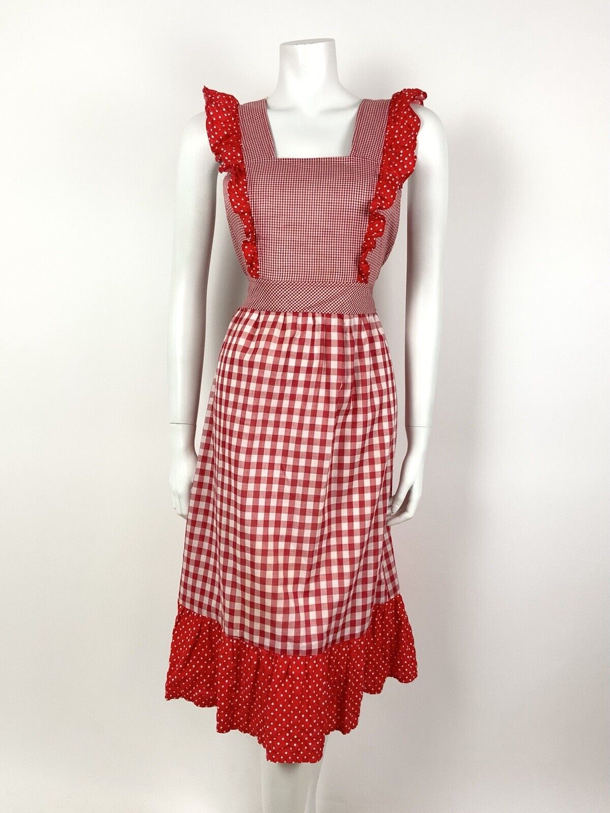VTG 60s 70s RED WHITE GINGHAM POLKA DOT RUFFLED PRAIRIE APRON PINAFORE DRESS 8