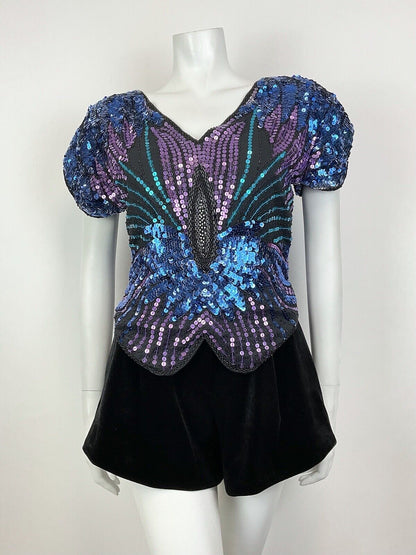 VINTAGE 70s BLUE PURPLE TEAL SEQUIN FLORAL STUDIO 54 DISCO GLAM BLOUSE TOP 8
