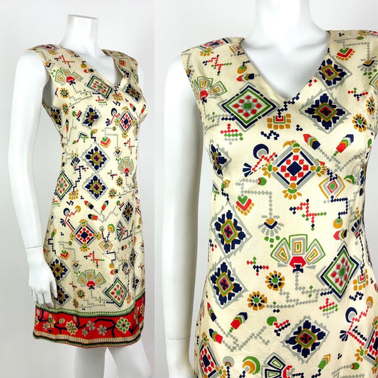 VINTAGE 60s 70s CREAM BLUE RED GREEN AZTEC FLORAL GEOMETRIC MOD DRESS 12 14