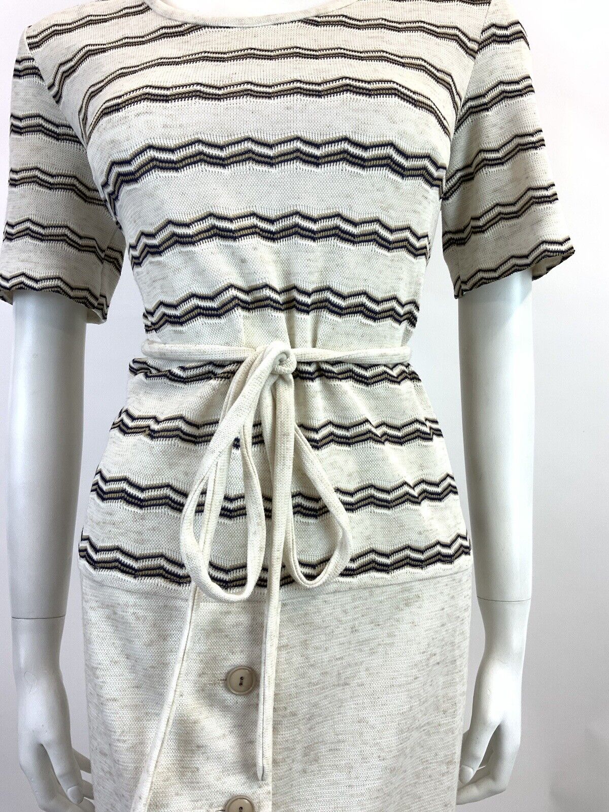 VINTAGE 60s 70s CREAM BLUE WHITE ZIG-ZAG STRIPED KNITTED DROP WAIST DRESS 14 16
