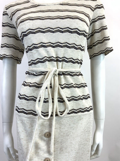 VINTAGE 60s 70s CREAM BLUE WHITE ZIG-ZAG STRIPED KNITTED DROP WAIST DRESS 14 16