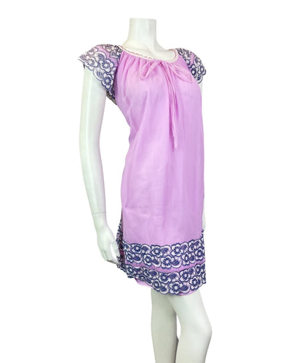 VINTAGE 60s 70s LILAC BLUE PINK FLORAL LACE MOD BABYDOLL NIGHT GOWN DRESS 12 14
