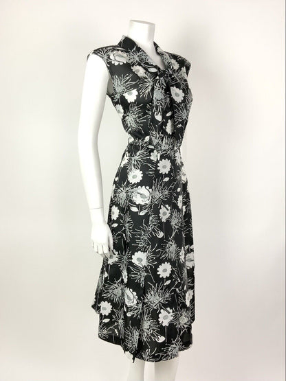 VINTAGE 60s 70s BLACK GREY WHITE FLORAL BOW SHAWL SLEEVELESS DRESS 10 12