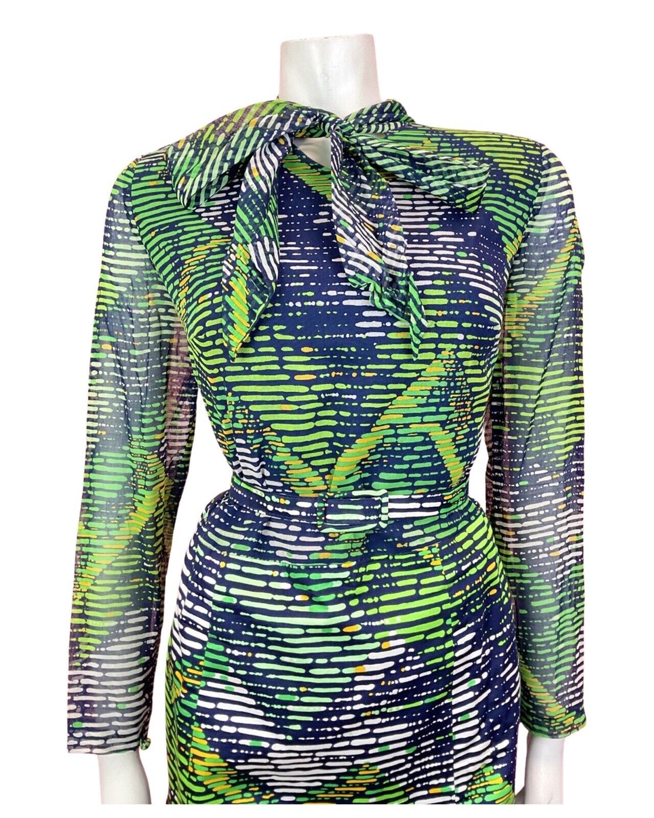 VINTAGE 60s 70s BLUE GREEN WHITE STRIPED PSYCHEDELIC SHEER PUSSYBOW DRESS 14 16