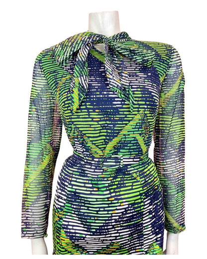 VINTAGE 60s 70s BLUE GREEN WHITE STRIPED PSYCHEDELIC SHEER PUSSYBOW DRESS 14 16