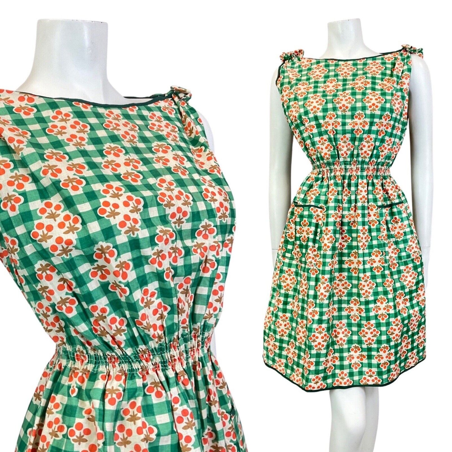 VINTAGE 60s 90s GREEN WHITE ORANGE GINGHAM CHECKED BERRY MOD SUMMER DRESS 10