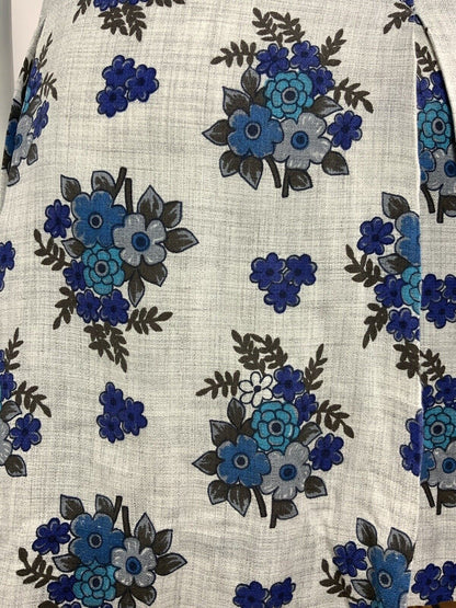 VINTAGE 60s 70s GREY NAVY BLUE FLORAL BOUQUET COTTON DRESS 10