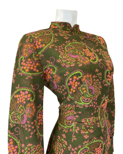 VINTAGE 60s 70s GREEN PINK ORANGE PAISLEY FLORAL PSYCHEDELIC FLARED DRESS 14