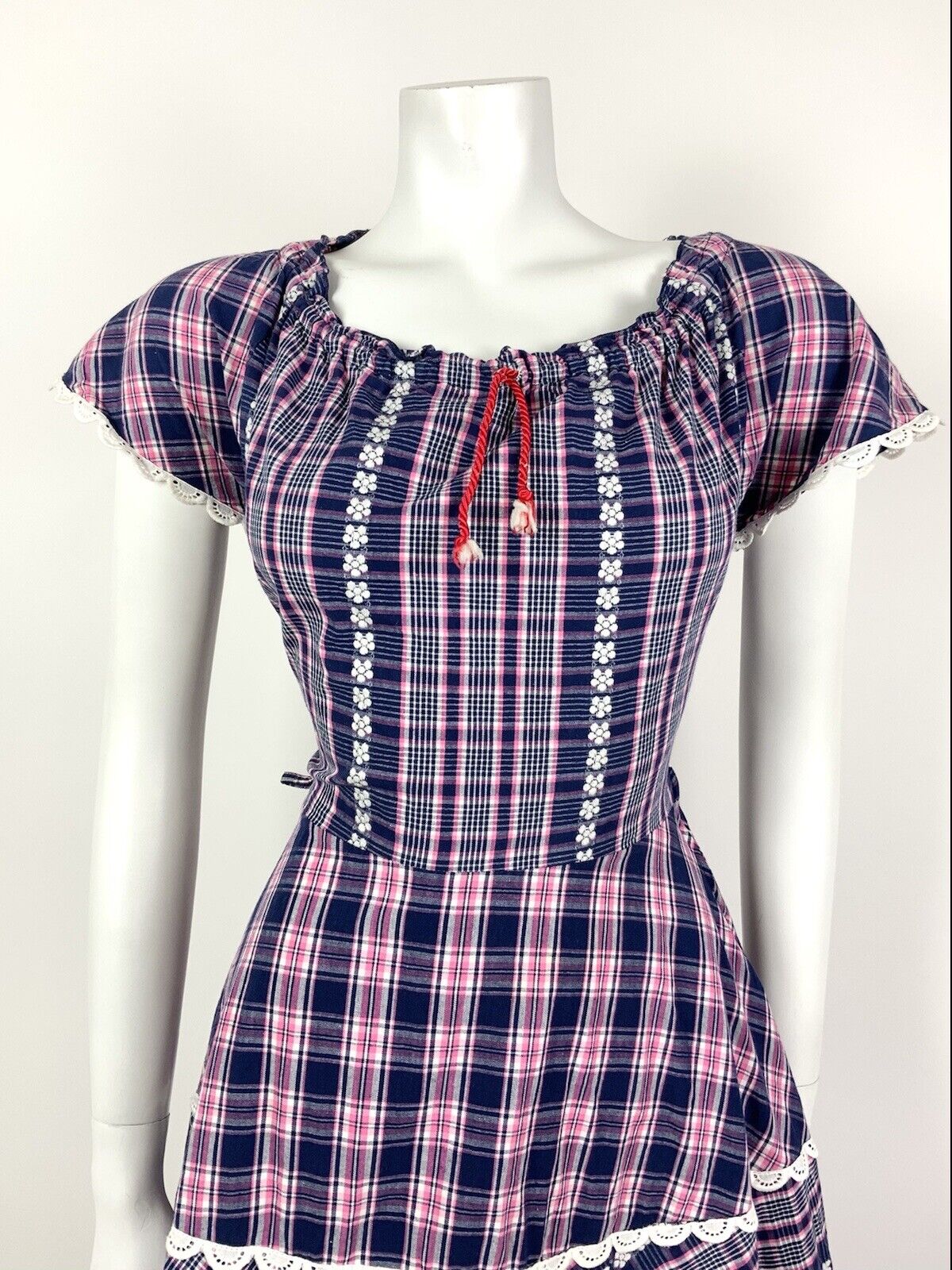 VTG 60s 70s BLUE PINK WHITE TARTAN PLAID FLORAL EMBROIDERED LACE PRAIRIE DRESS 8