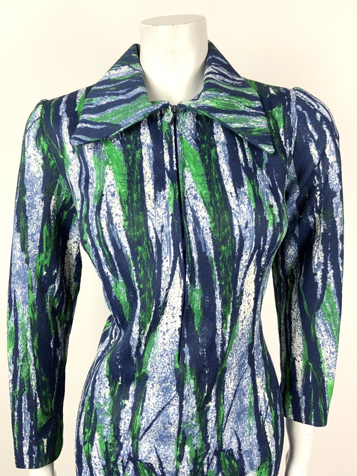 VINTAGE 60s 70s BLUE GREEN WHITE BRUSH STROKE DAGGER COLLAR SHIRT DRESS 12 14
