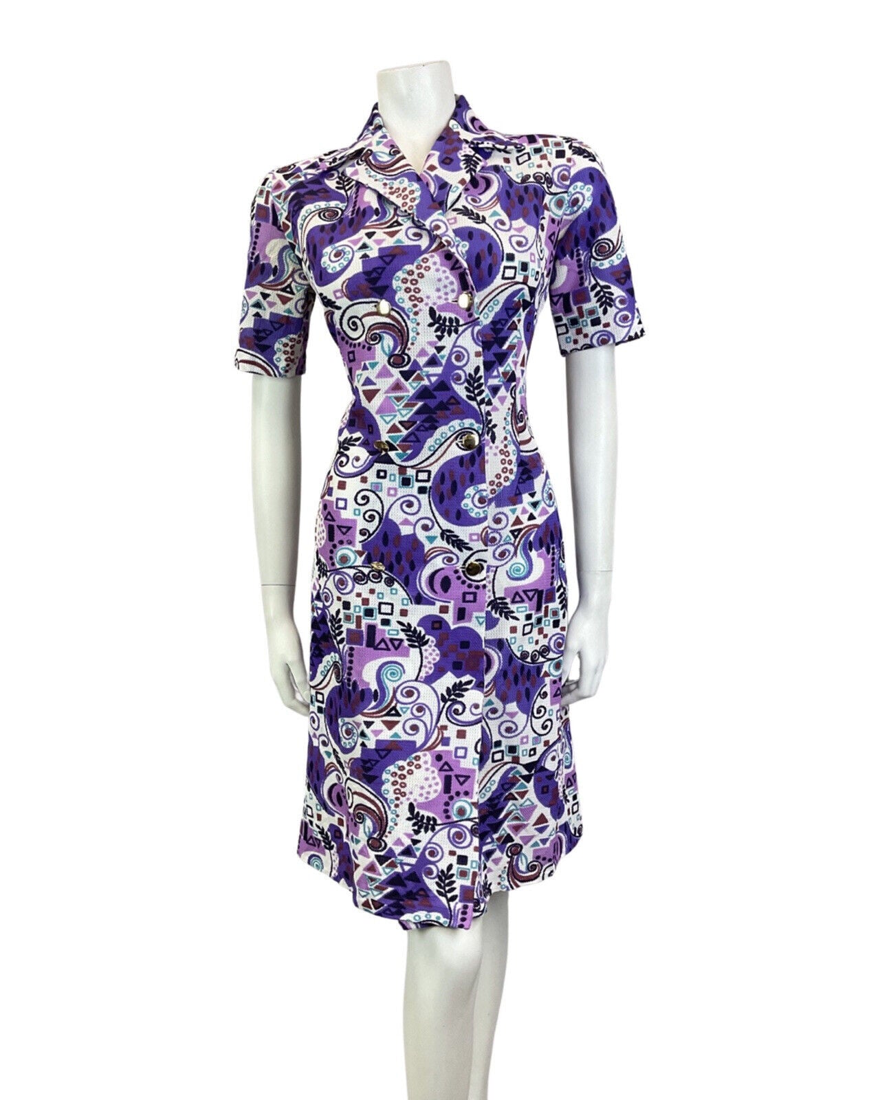 VINTAGE 60s 70s PURPLE TEAL BLUE PSYCHEDELIC SWIRL GEOMETRIC MOD SHIRT DRESS 14