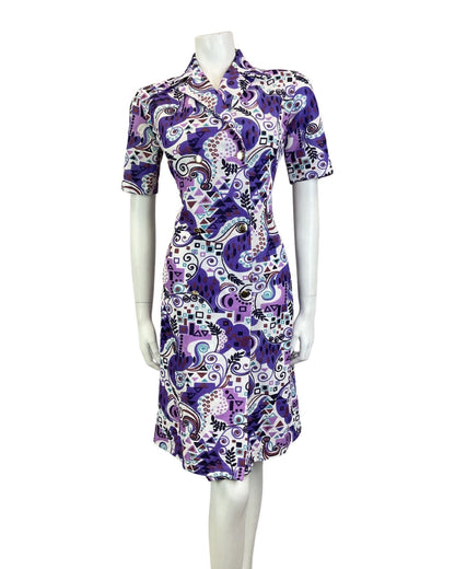 VINTAGE 60s 70s PURPLE TEAL BLUE PSYCHEDELIC SWIRL GEOMETRIC MOD SHIRT DRESS 14