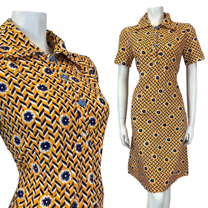 VINTAGE 60s 70s YELLOW BLUE WHITE CHEVRON FLORAL GEOMETRIC MOD SHIRT DRESS 10