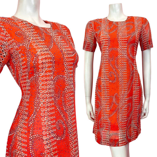 VINTAGE 60s 70s ORANGE WHITE PURPLE CUT-OUT SWIRL DOTTY MOD SHORT DRESS 8 10