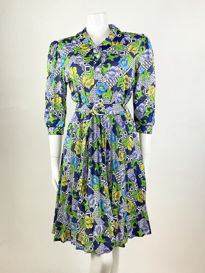 VINTAGE 70s BLUE GREEN YELLOW WHITE PSYCHEDELIC FLORAL BLOUSON SWING DRESS 10 12