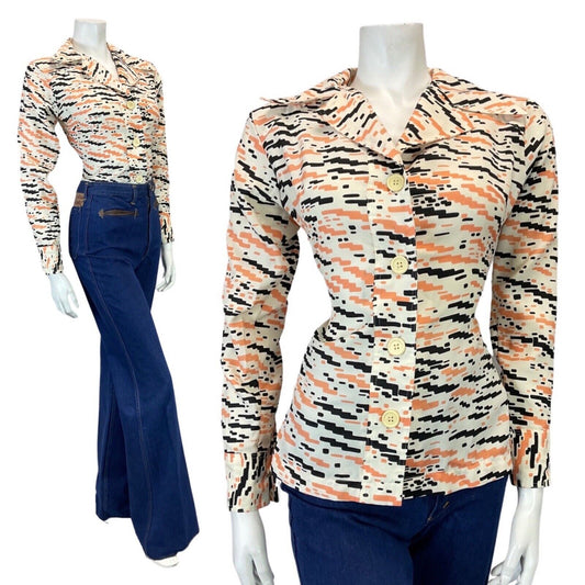 VINTAGE 60s 70s WHITE ORANGE BLACK GEOMETRIC ZIG-ZAG MOD DAGGER BLOUSE 12