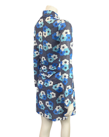 VINTAGE 60s 70s BLUE WHITE POLKA-DOT DAISY FLOWER MOD DAGGER SHIRT DRESS 8 10