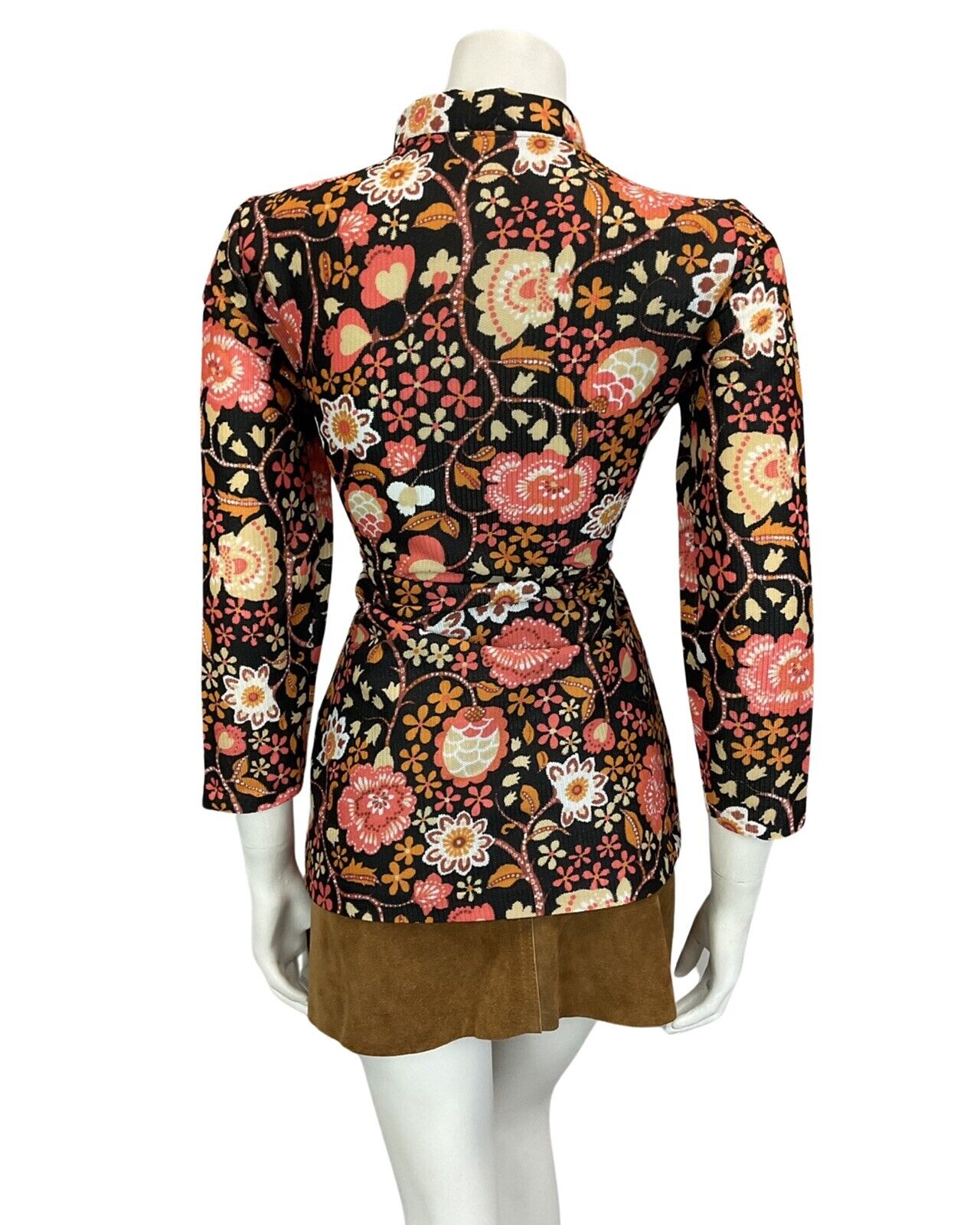 VTG 60s 70s BLACK ORANG BROWN FLORAL PSYCHEDELIC BOHO LACE UP HIPPIE BLOUSE 10