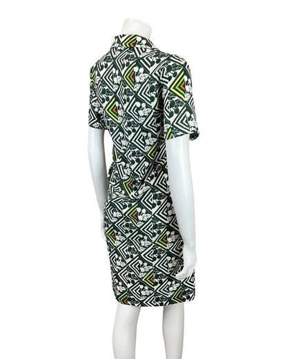 VINTAGE 60s 70s GREEN WHITE YELLOW GEOMETRIC BERRY FLORAL MOD SHIRT DRESS 12 14