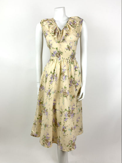 VINTAGE 60s 70s CREAM BROWN GREEN PURPLE FLORAL RUFFLE FLOATY DRESS 10 12