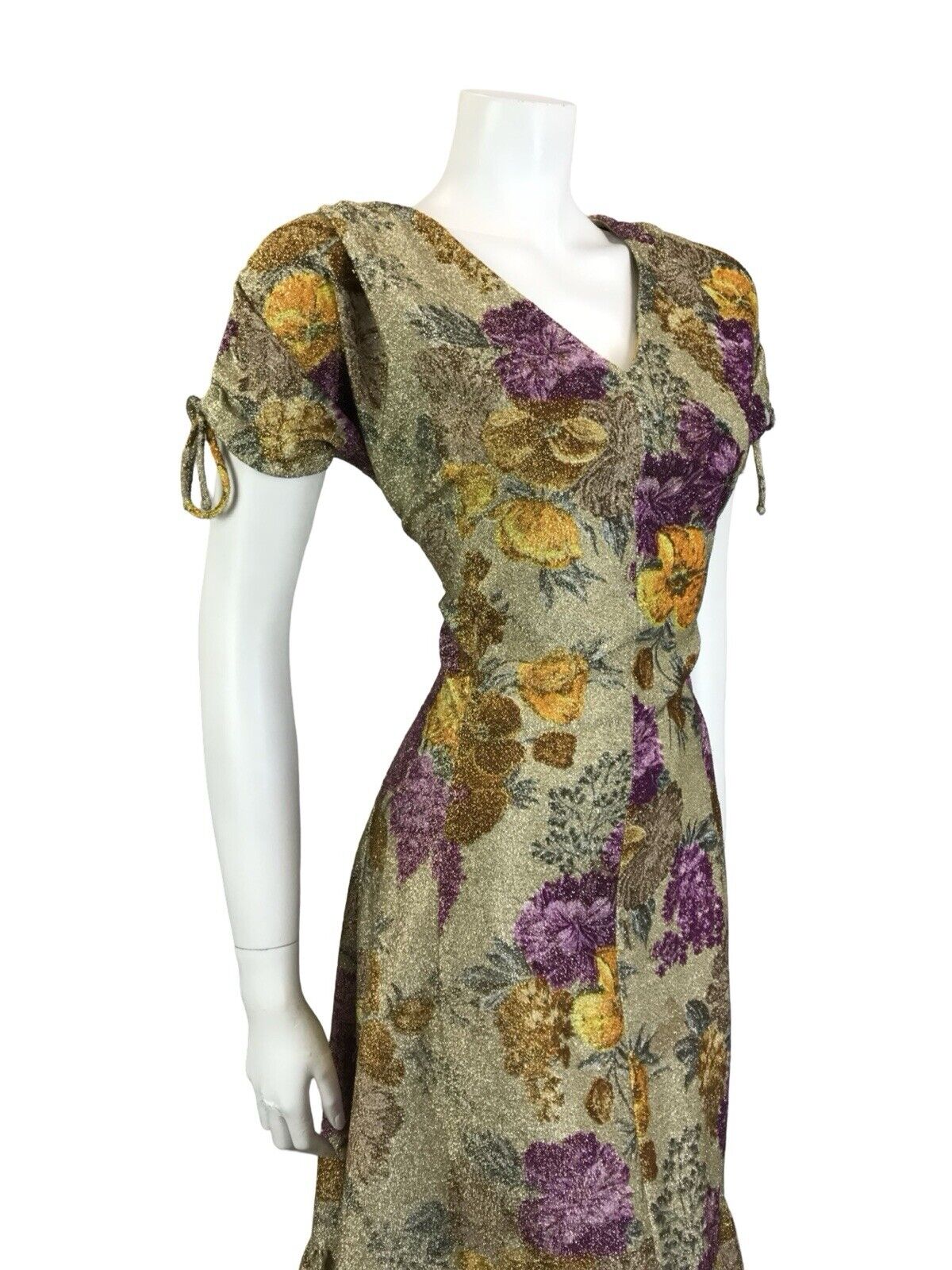 VTG 60S GOLD YELLOW PURPLE LUREX GLITTERING FLORAL V NECK PARTY DRESS 12 14 M