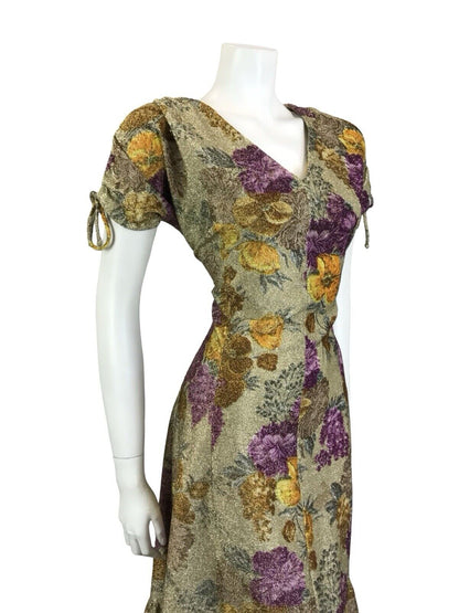 VTG 60S GOLD YELLOW PURPLE LUREX GLITTERING FLORAL V NECK PARTY DRESS 12 14 M