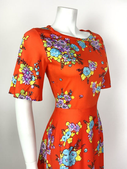 VINTAGE 60s 70s ORANGE PURPLE BLUE YELLOW FLORAL SWING SUMMER DRESS 8 10