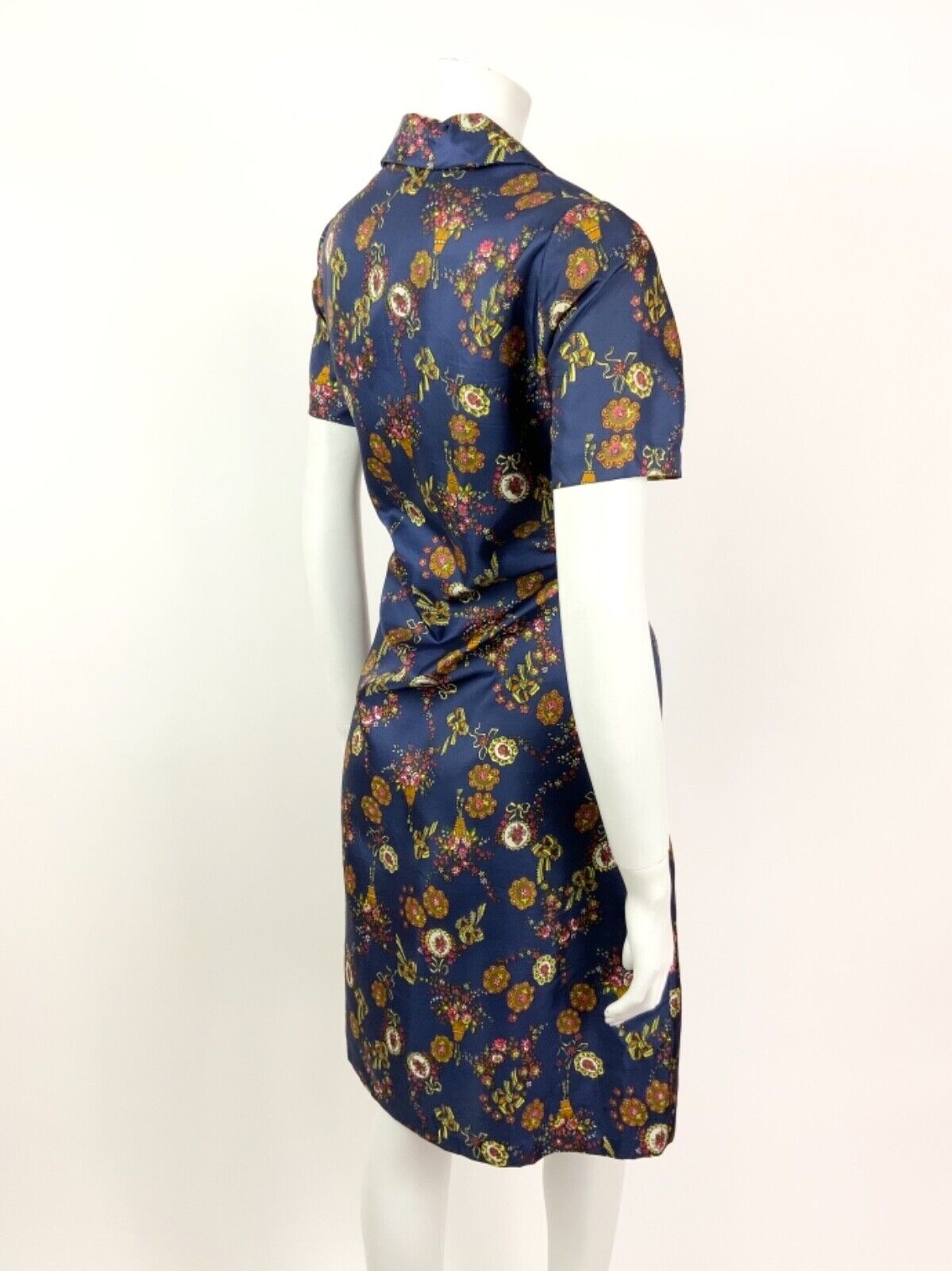 VINTAGE 60s 70s BLUE YELLOW BRONZE PINK FLORAL CAMEO BOW DAGGER SHIRT DRESS 12