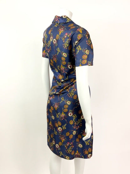 VINTAGE 60s 70s BLUE YELLOW BRONZE PINK FLORAL CAMEO BOW DAGGER SHIRT DRESS 12